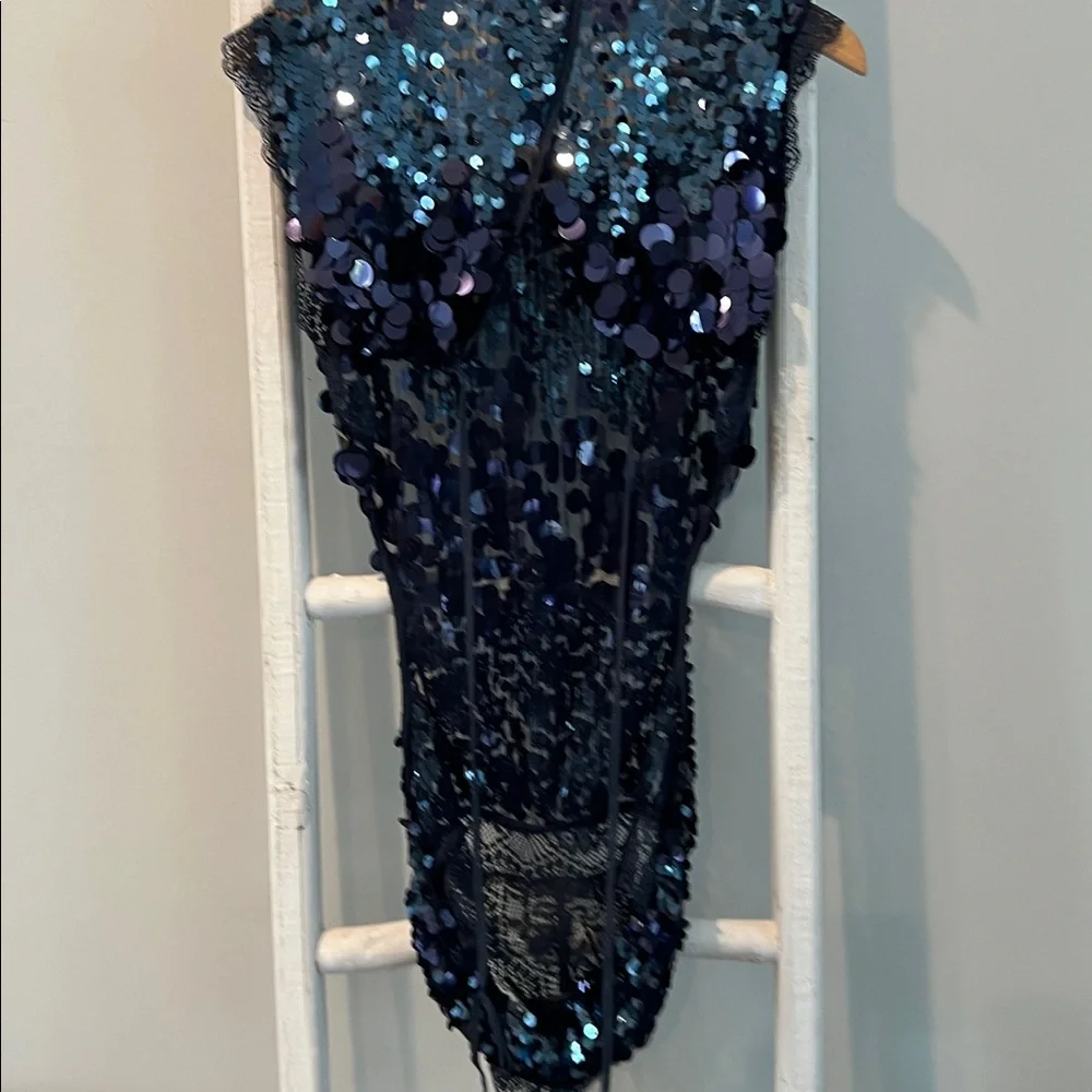 Free people Melrose sequin n lace nwt holiday backless midnight blue bodysuit M - Picture 11 of 14